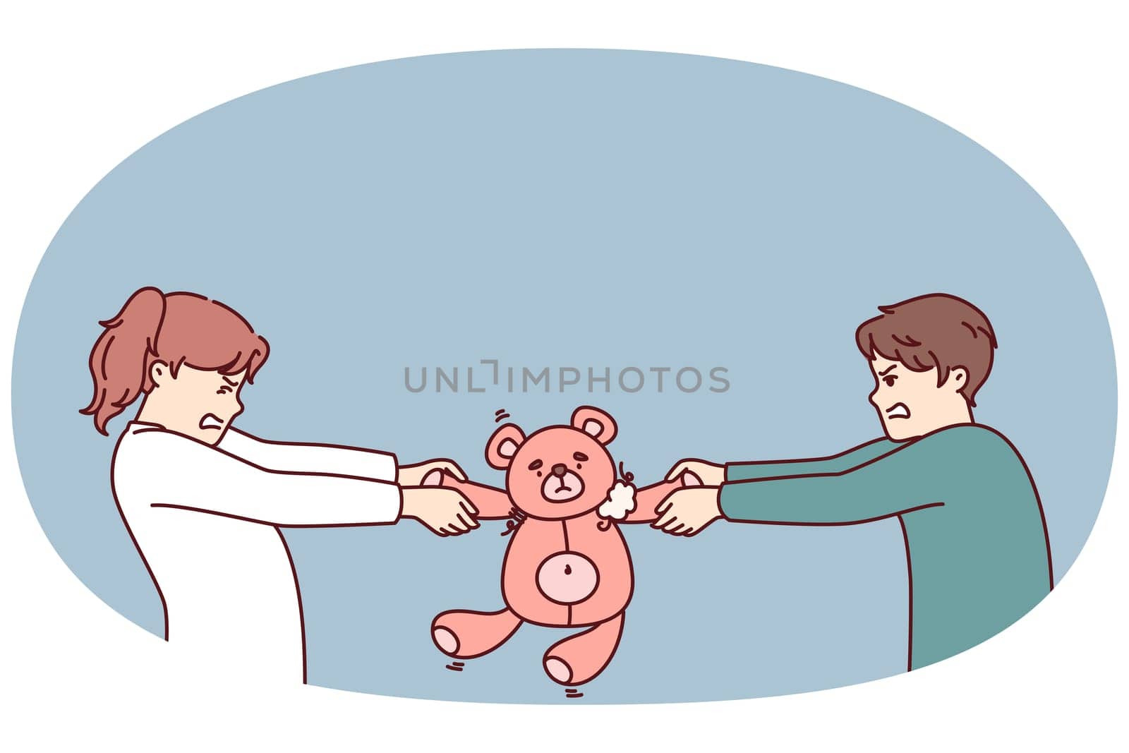 Preteen boy and girl argue over right to play with teddy bear in attempt to take toy away from rival. Kindergarten children are unwilling to share toys after disagreement or conflict