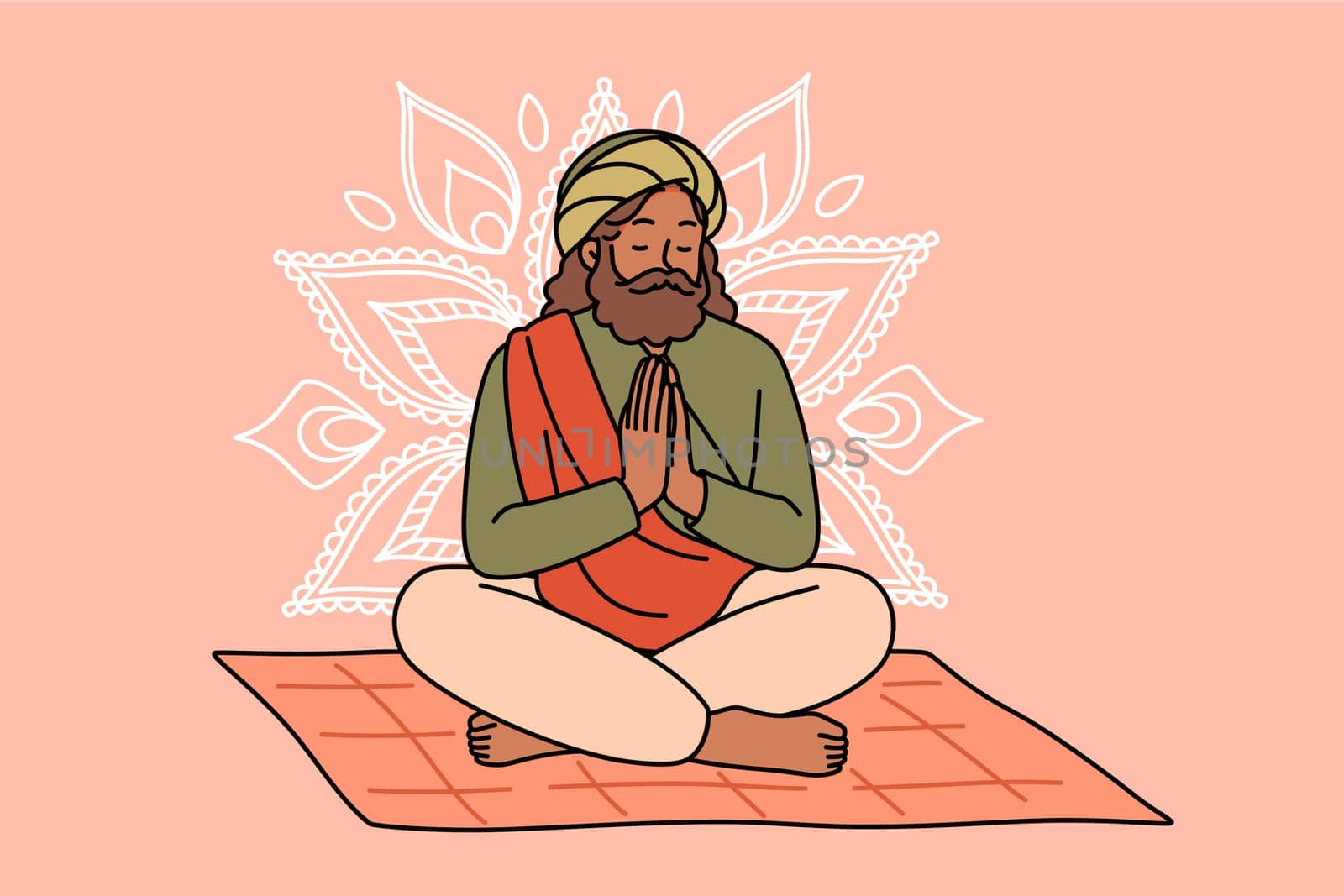 Meditating Indian man fakir prays sitting on mat with mandala sign behind back. Meditating adult guru with beard makes prayer gesture, performing esoteric and spiritualistic practices