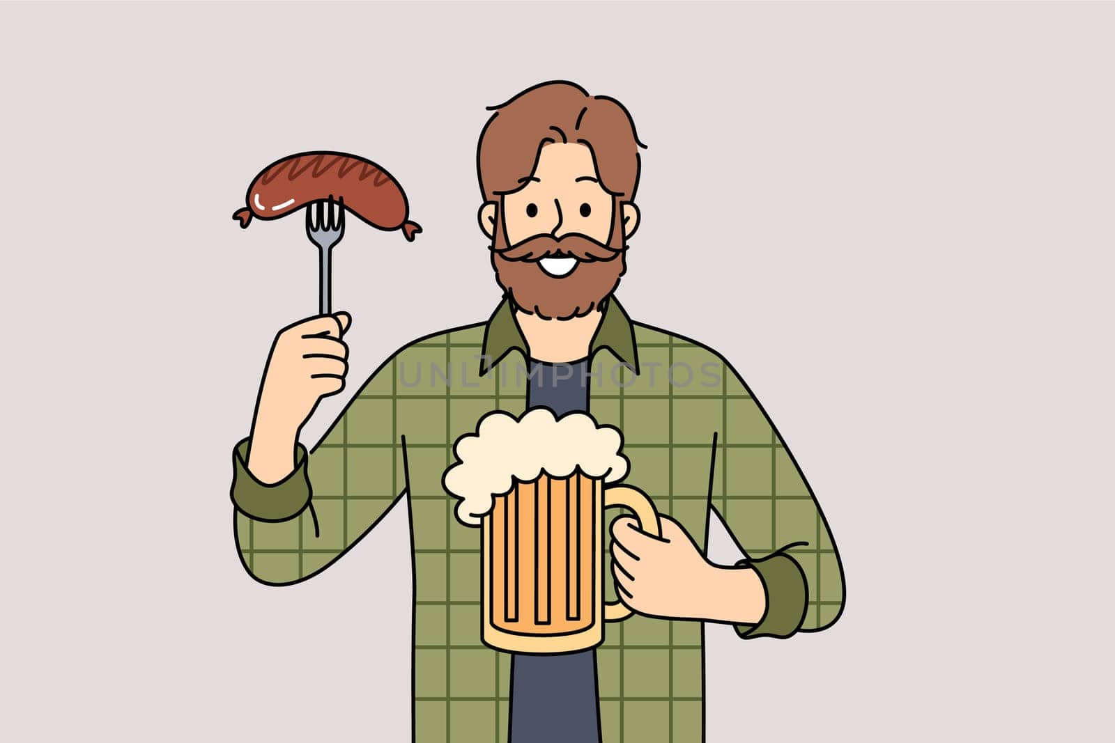 Man with mug of beer in hands and Bavarian sausage smiles, visiting pub or tavern to relax after working week. Happy guy participating in oktoberfest enjoying taste of foamy beer and meat snacks