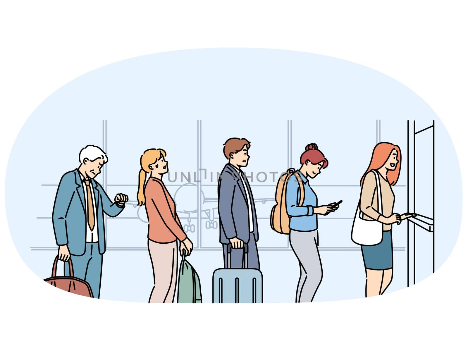 Queue at airport of people taking off by plane and passing through customs control when crossing border of state. Men and women are at airport checking in for flight, nervous about long wait.