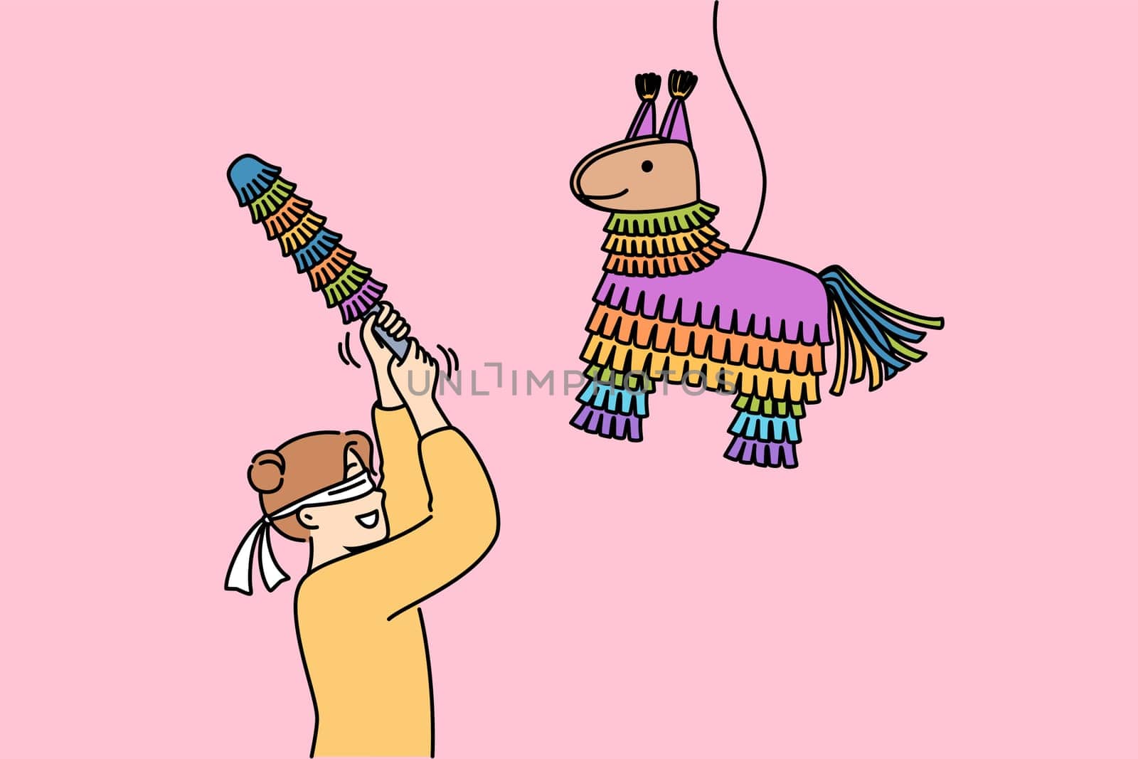Little girl hits horse-shaped pinata filled with candies and sweets during birthday party. Traditional mexican pinata for happy blindfolded child and children activities organization