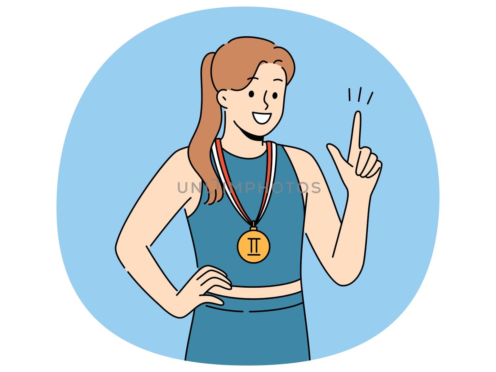 Woman athlete with sports medal for second place in running or gymnastics competition points up and smile. Champion girl recommends purchasing quality sportswear to achieve success in sports career