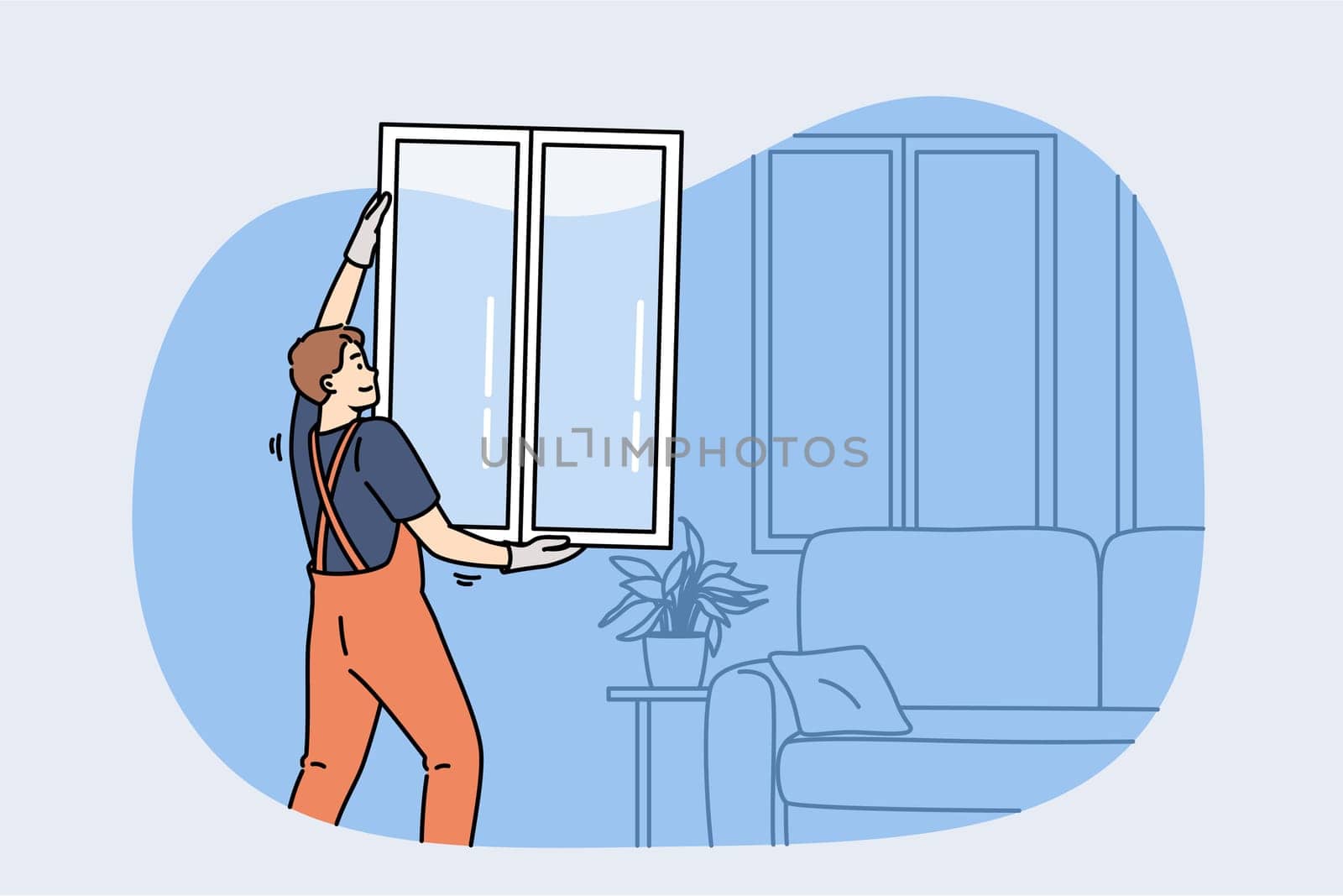 Man master changing windows in apartment, holding casement in hands standing near sofa. Replacing windows in home during renovations to improve energy efficiency and building exterior