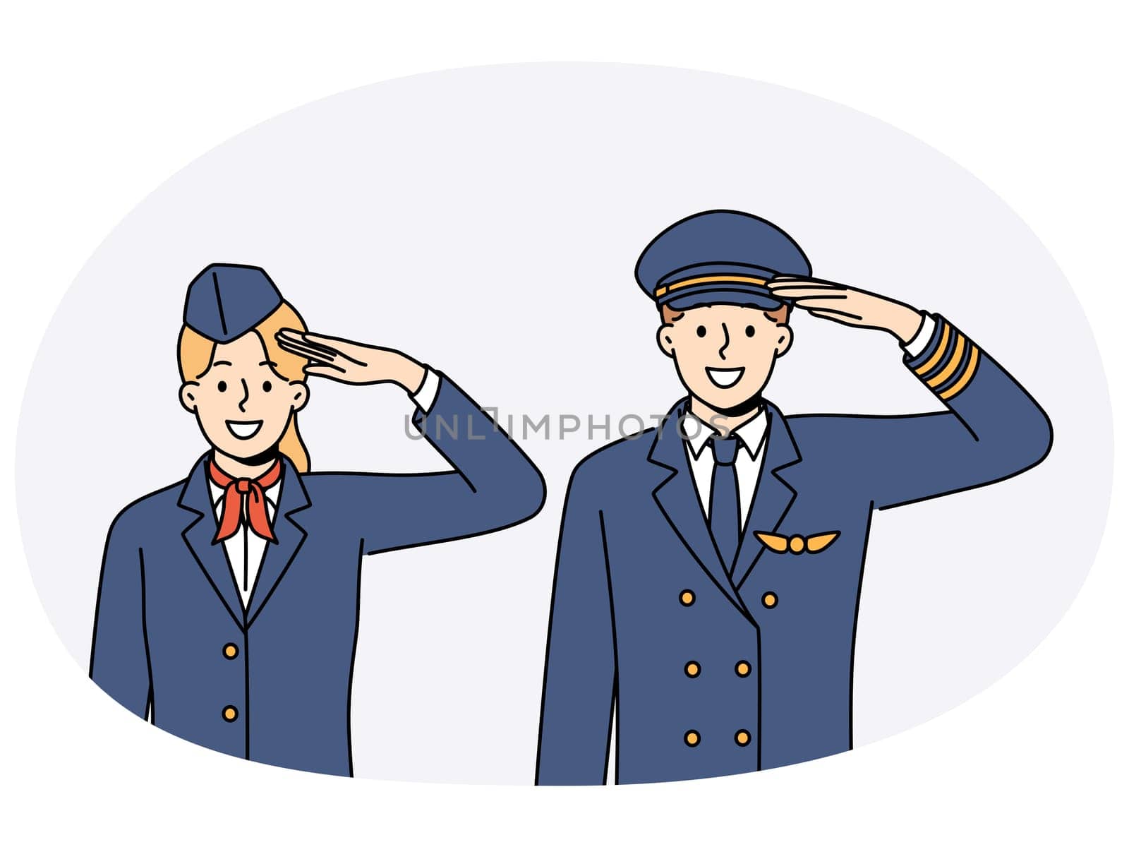 Pilot of aircraft and stewardess greet passengers of flight and thank you for using services of airline. Crew of aircraft from pilot with stewardess in service uniform smiling looking at screen