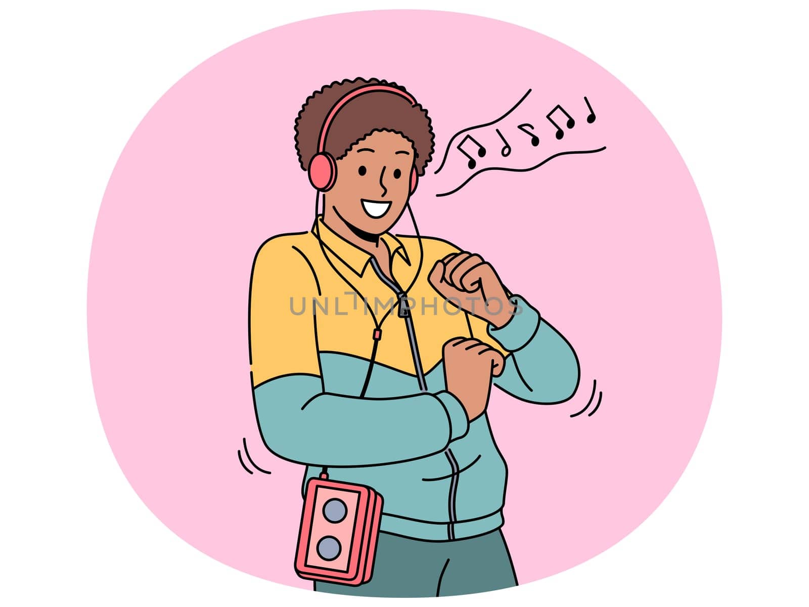 African American man in retro clothes with cassette player on belt listens to music in old-fashioned headphones. Ethnic hippie guy from 90s dances to reggae music playing in tape recorder