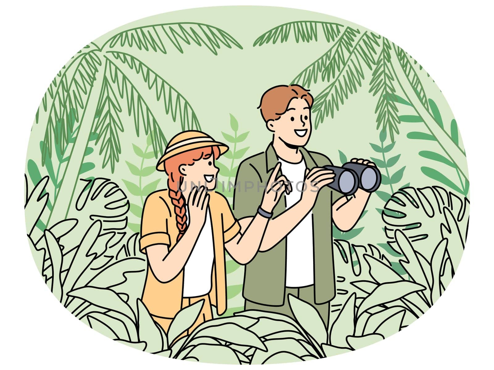 Tourists participate in jungle safari standing among dense tropical vegetation and holding binocular in hands. Happy couple of man and woman went on safari journey to explore wildlife