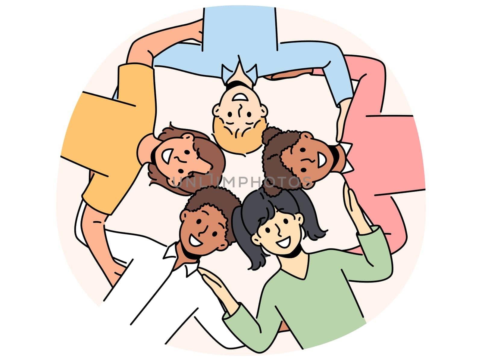 Multiracial little children smile and look at screen, symbolizing friendship and absence of ethnic prejudice. Multiracial kids teenagers students hugging together for diversity and tolerance concept