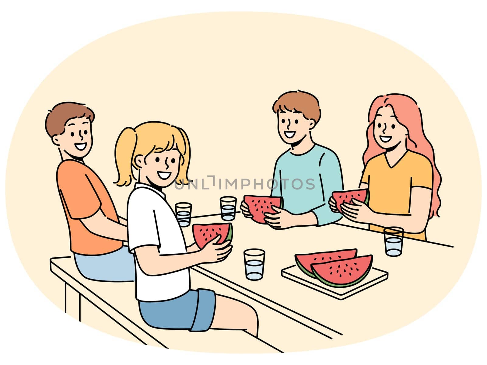 Children eat watermelon sitting at table and enjoying sweet refreshing dessert on hot summer day. Childrens picnic for boys and girls with delicious watermelon containing healthy vitamins