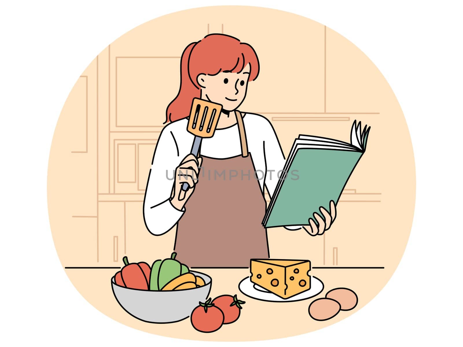 Woman with cookbook is standing in kitchen wanting to cook delicious dinner and vegetables and cheese with eggs. Girl cook in apron uses cookbook while preparing salad or appetizers