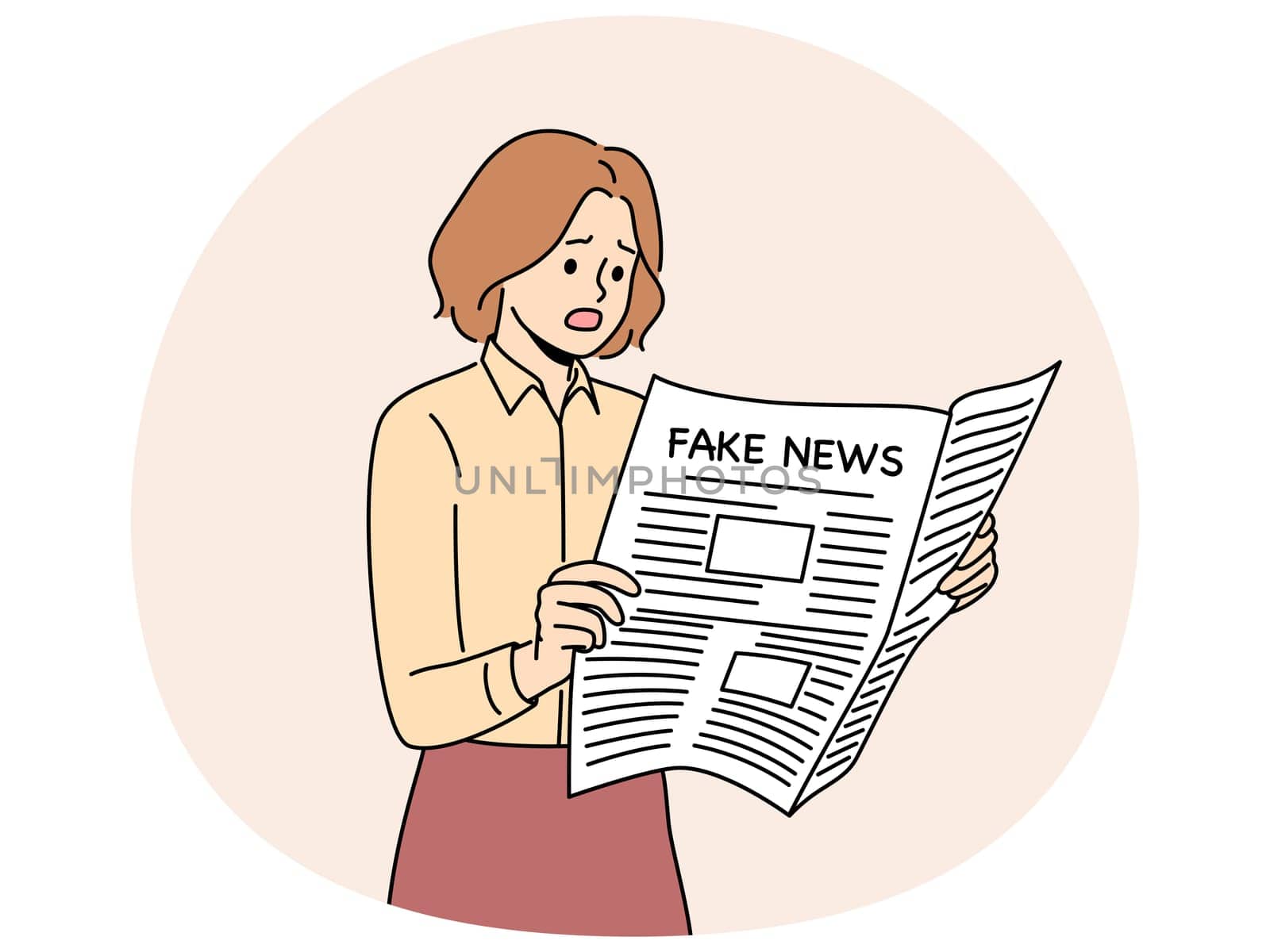 Newspaper with fake news in hands of woman reading false information from reporters using propaganda techniques to intimidate readers. Girl with newspaper with fake news frightened opens mouth