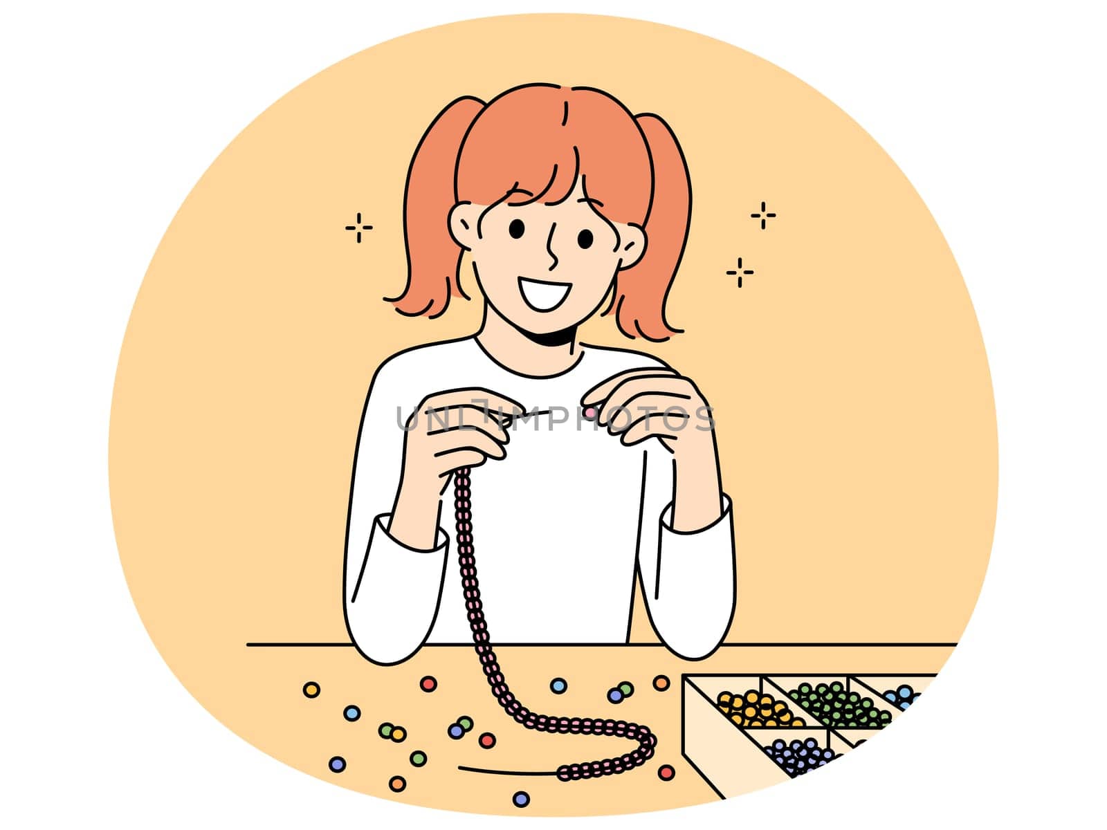 Little girl weaves beaded jewelry sitting at table and creating handmade necklace or bracelet. Elementary school girl with creative hobby creates jewelry and wants to be designer when grows up.