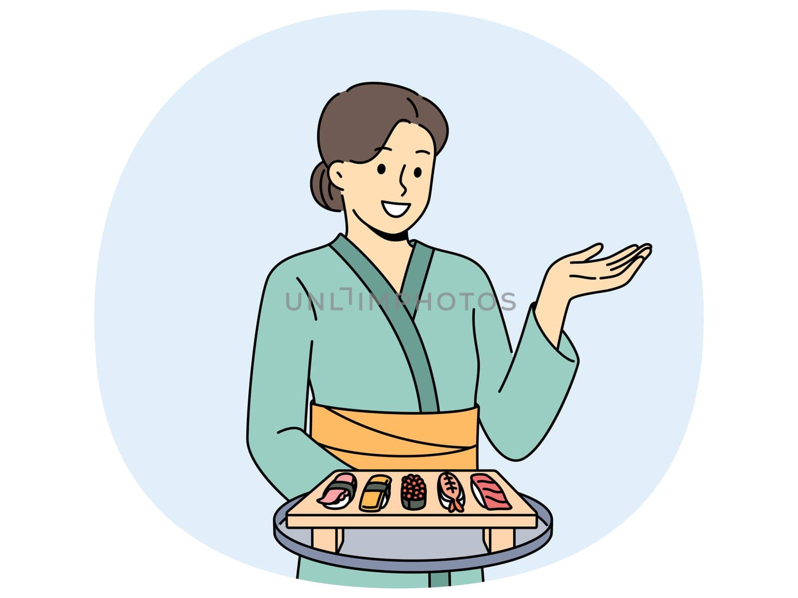 Woman sushi master with maki appetizer on wooden tray dressed in traditional asian kimono. Girl works in japanese food restaurant serving sushi from rice and fresh seafood to visitors.