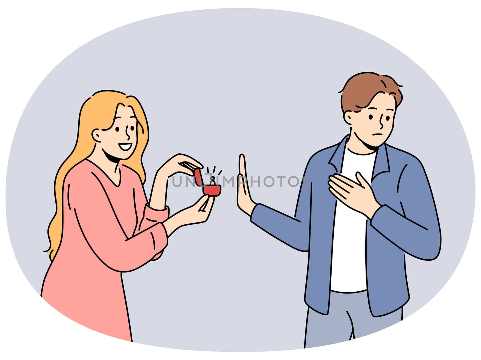 Man rejects offer to marry woman presenting diamond-studded engagement ring to boyfriend. Girl with wedding ring in box wants to marry guy she likes, but is refused due to excessive perseverance