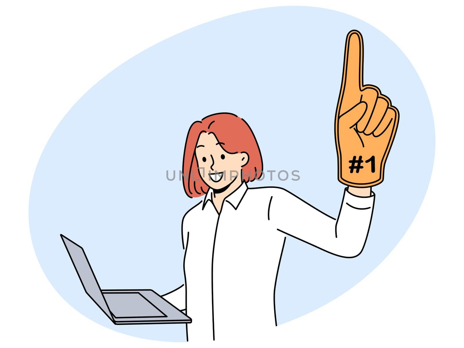 Woman leader with laptop and giant champion hand symbolizing success in internet career. Ambitious girl wants to become leader by working as freelancer through computer or creating online startup.