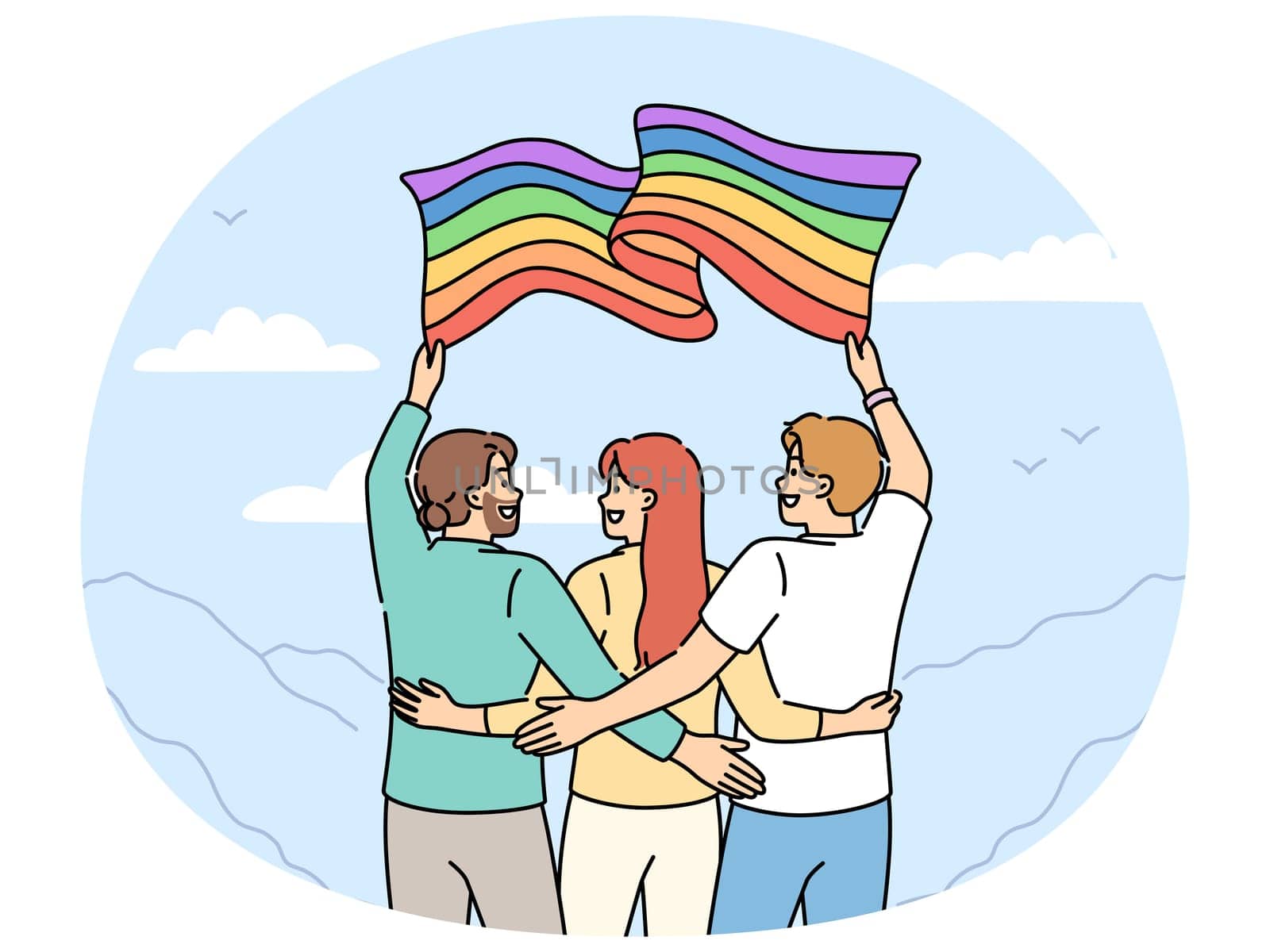 Group of people with LGBT flag travel with pride community and admire beautiful nature. Two man and woman hugging holding lgbt banner calling to be more tolerant towards lesbians or transgenders