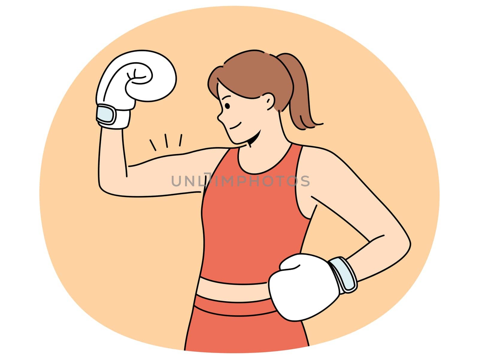 Woman boxer shows biceps and smiles demonstrating strength and determination to defeat opponent. Girl boxer in boxing gloves and sportswear poses at weigh-in ceremony before important tournament