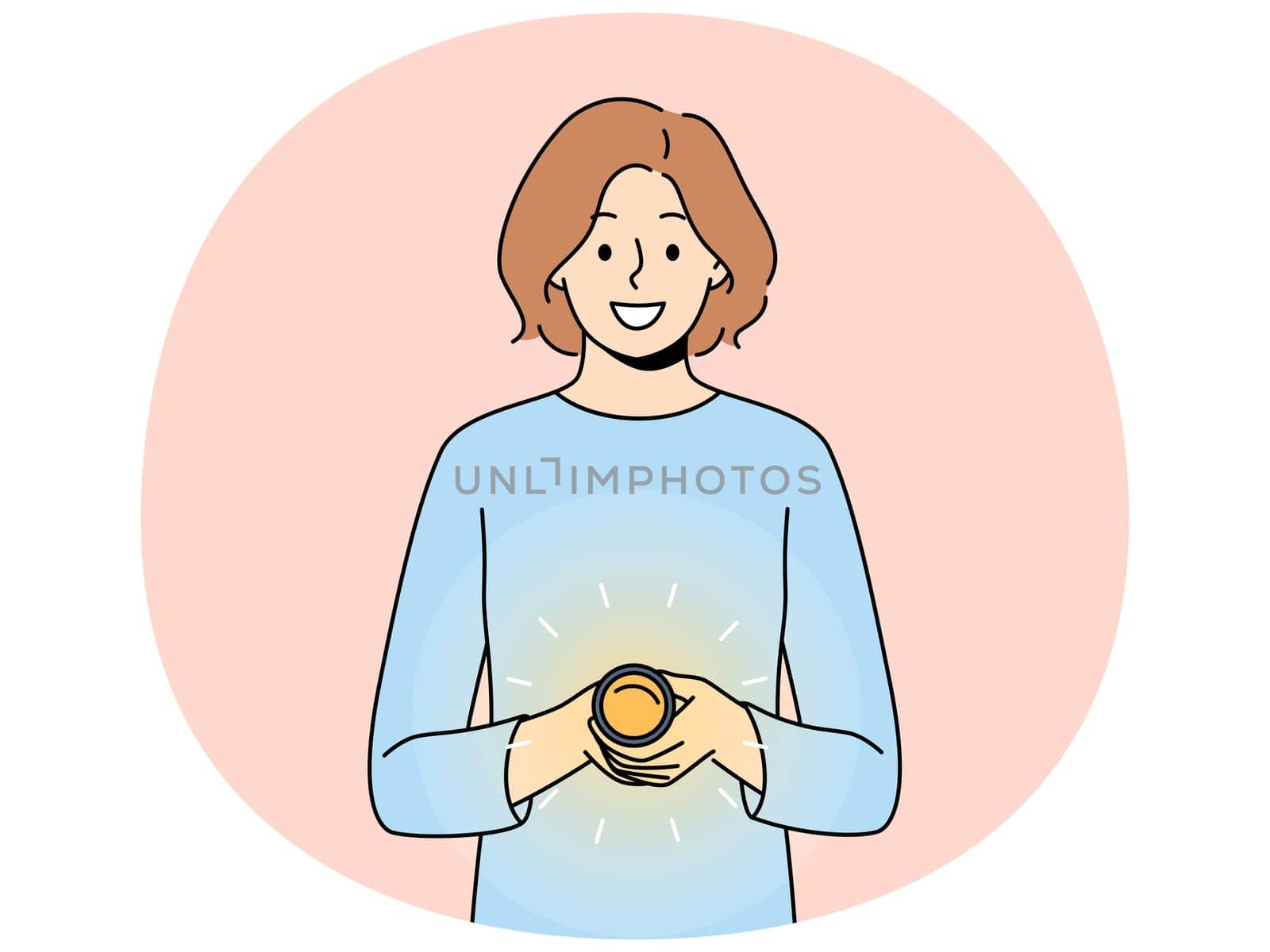 Woman with flashlight smiles and looks at screen recommending using device to light way. Young girl in casual clothes holds flashlight and shines into display calling attention to promotional offer.