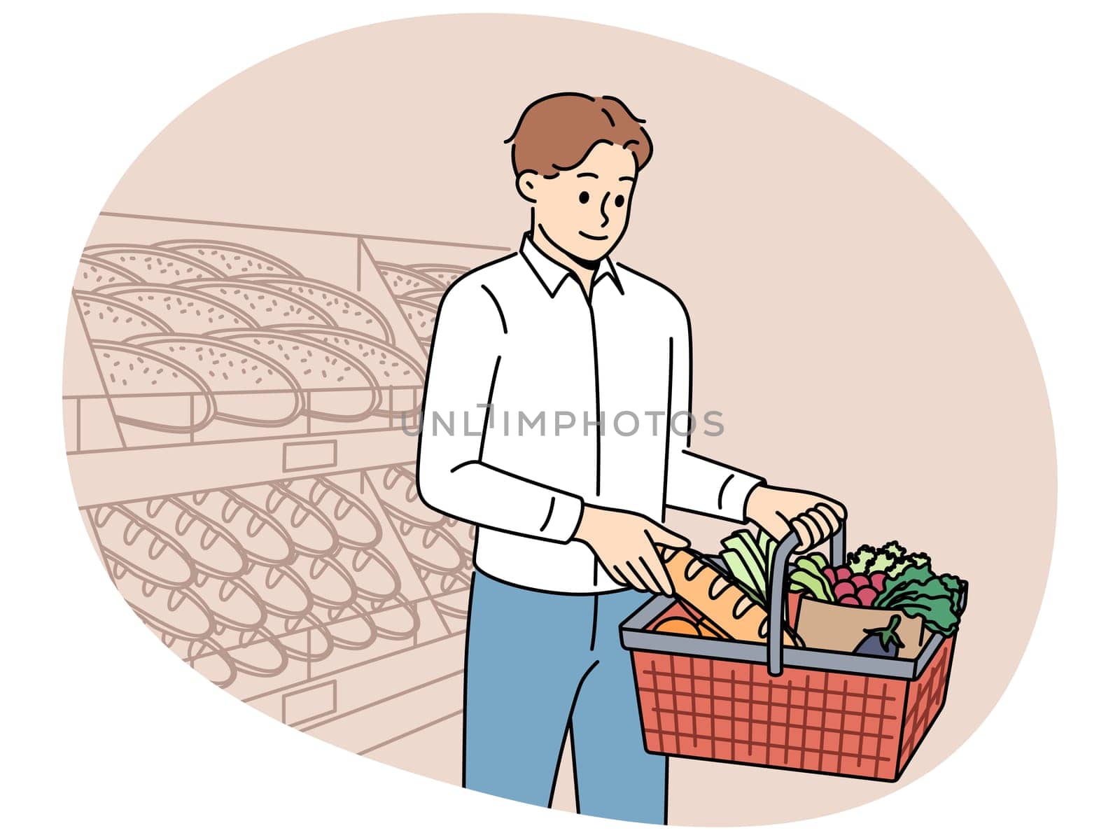 Man customer at grocery supermarket takes bread from shelf and puts it in basket of groceries. Guy visits supermarket or bakery buying fresh baguette and organic vegetables for preparing lunch.