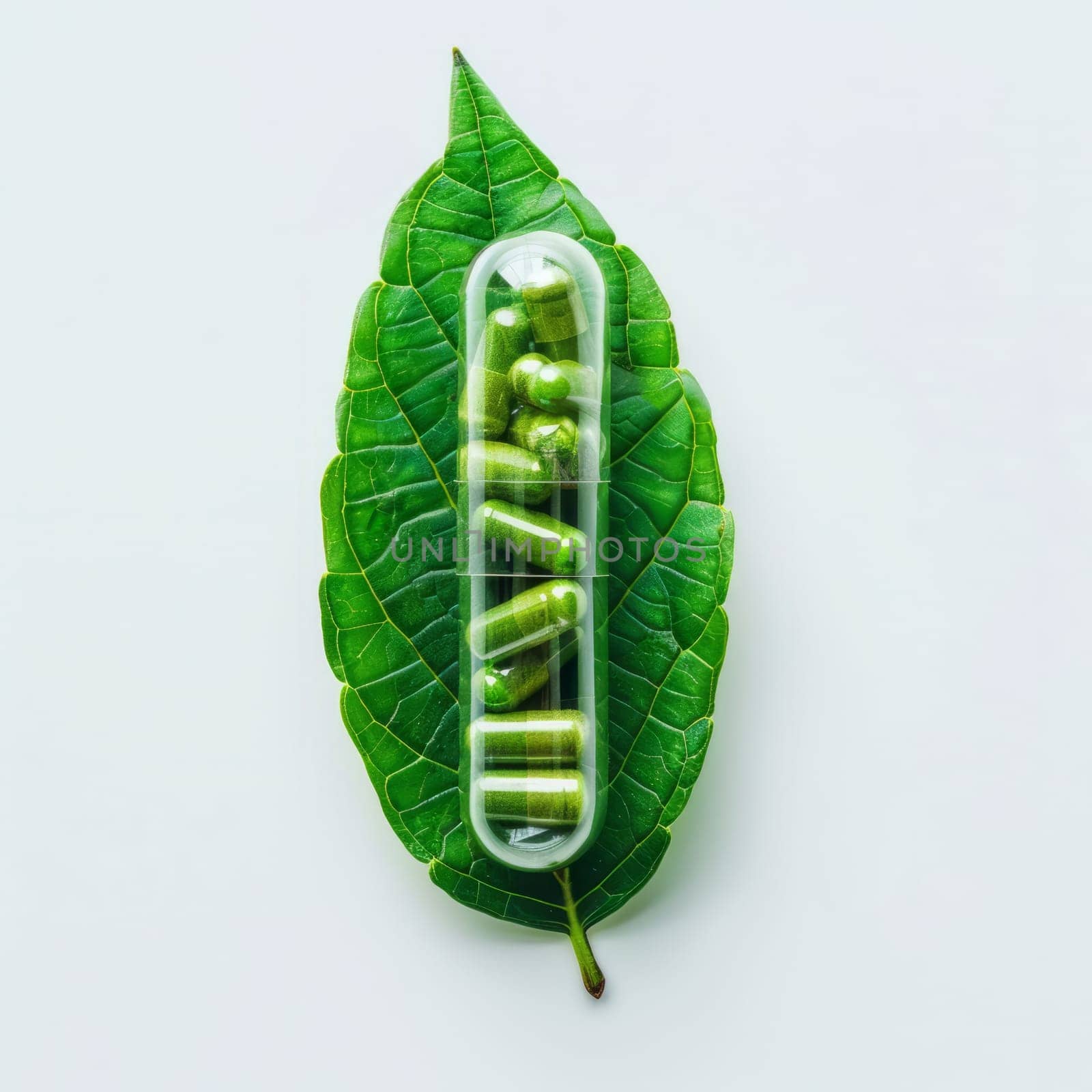 A transparent capsule pill rests on a green leaf against a white background