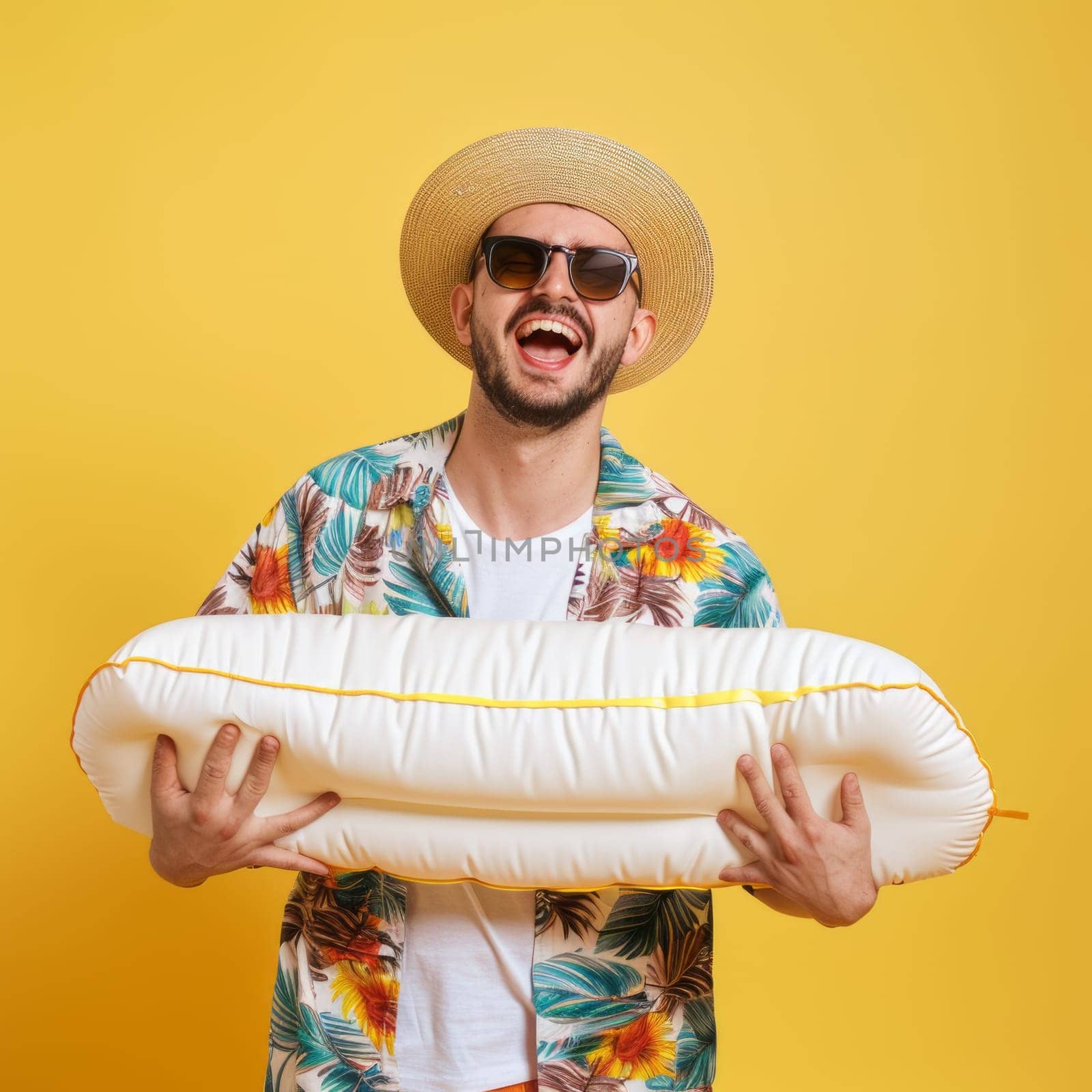 A man holds a white inflatable ring in front of his face on a yellow background. Vacation