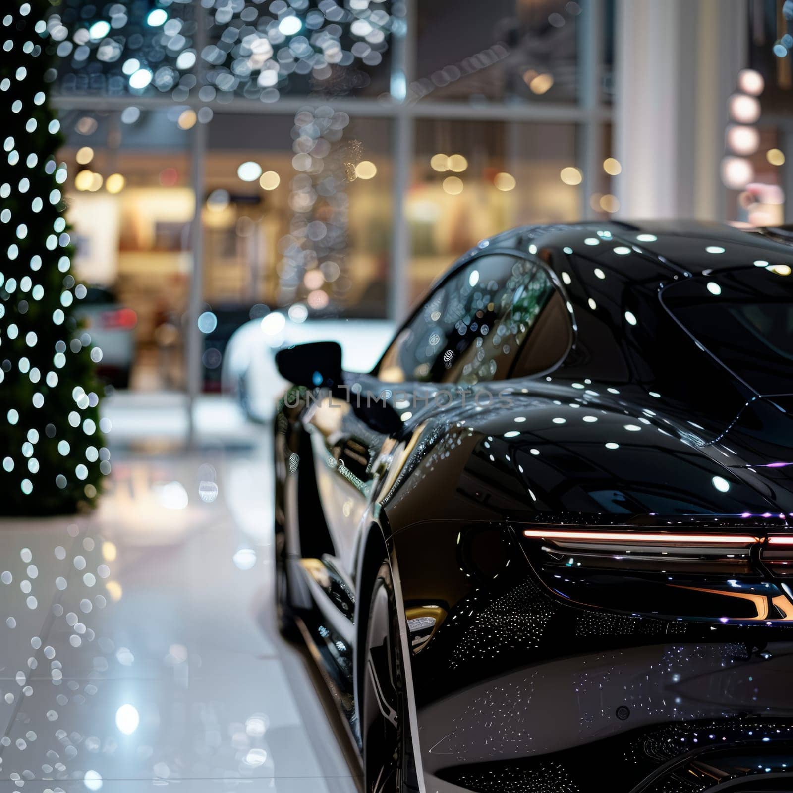 Luxury black sports car in a car showroom