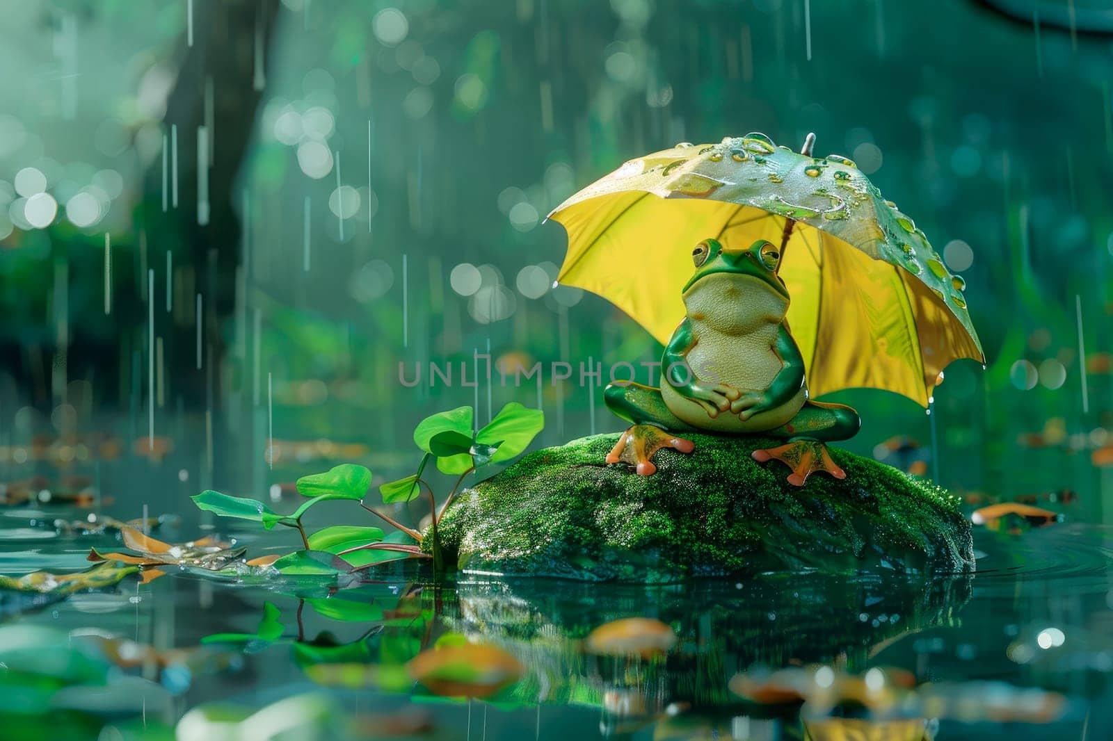 A little green frog sitting on a mossy rock in a summer pond and holding an umbrella in the rain. AI generated