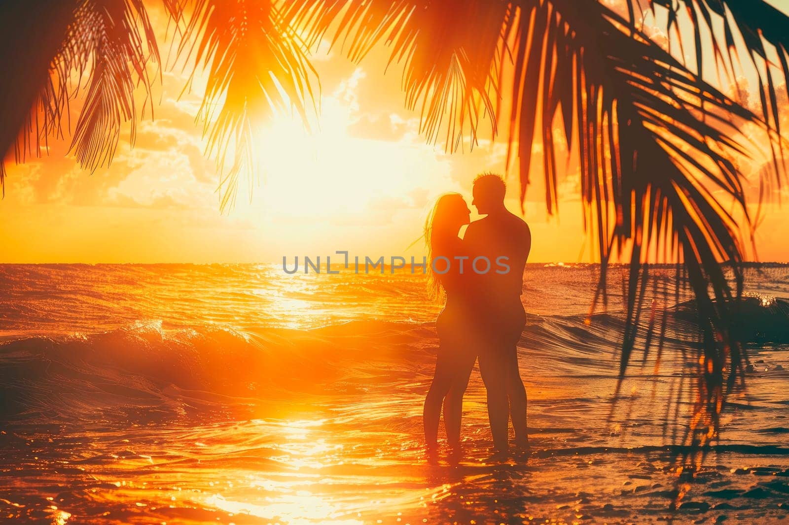 Silhouettes of a man and a woman are holding each other on the ocean shore against sunlight under the palm trees backlight. Love is in the air, nice and romantic. AI generated