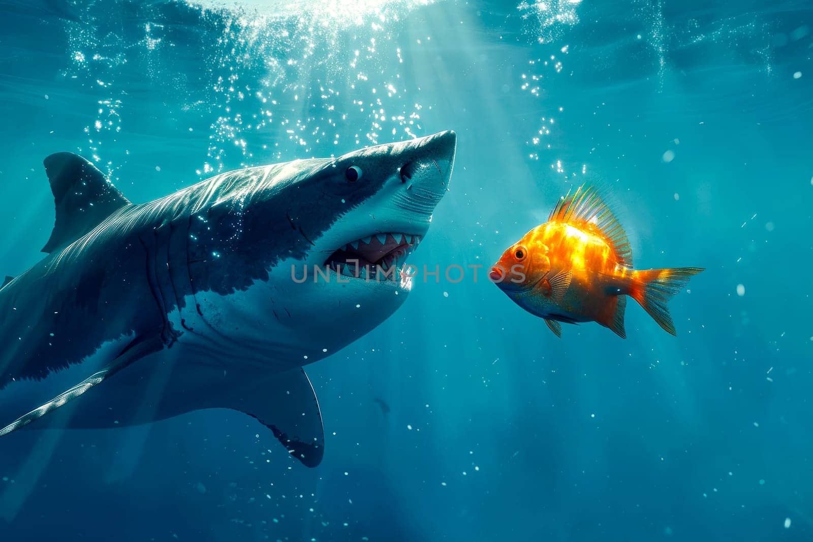 A scary shark and a frightened golden fish face each other in the middle of the ocean. AI generated