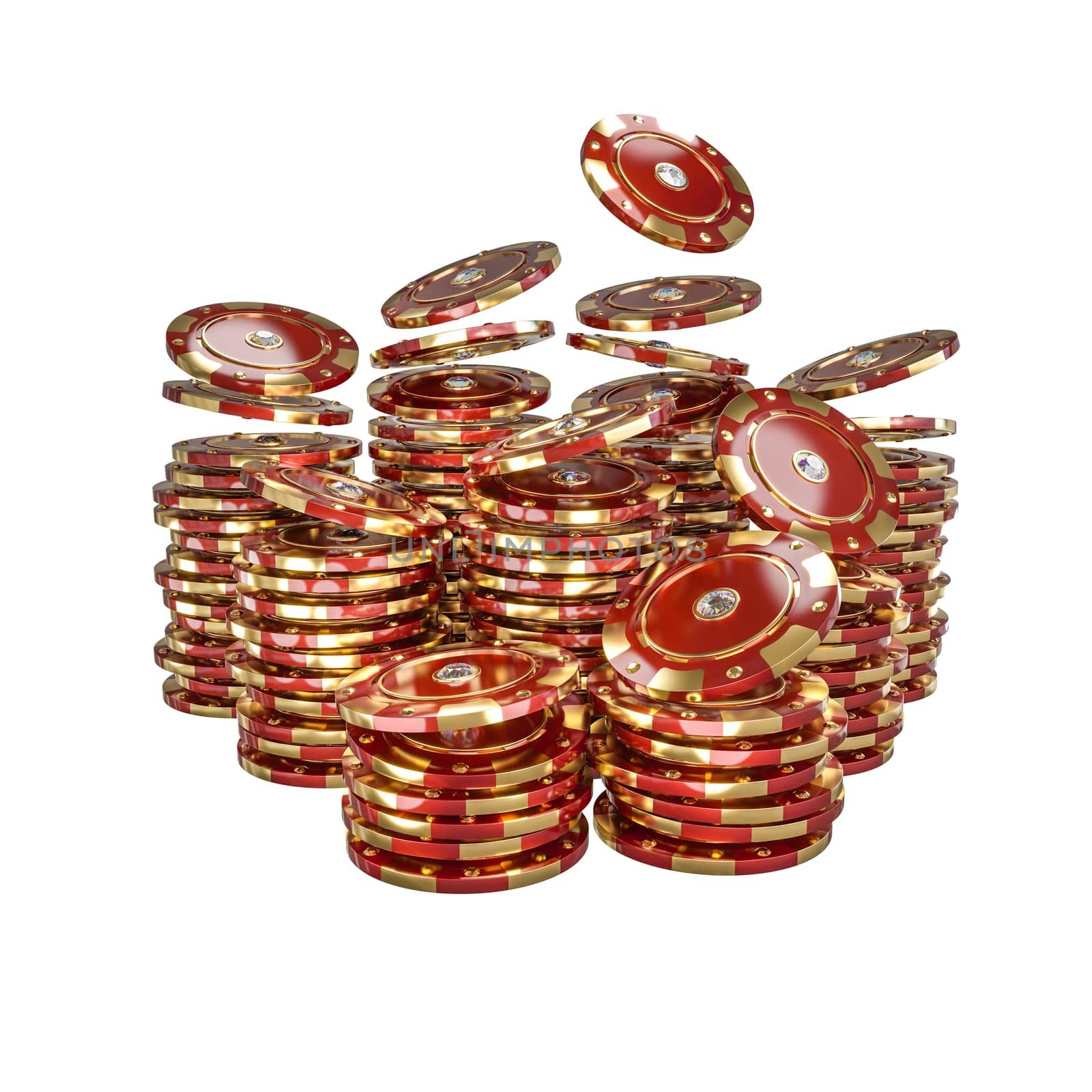 shiny gold red casino chips piled up, isolated transparent background
