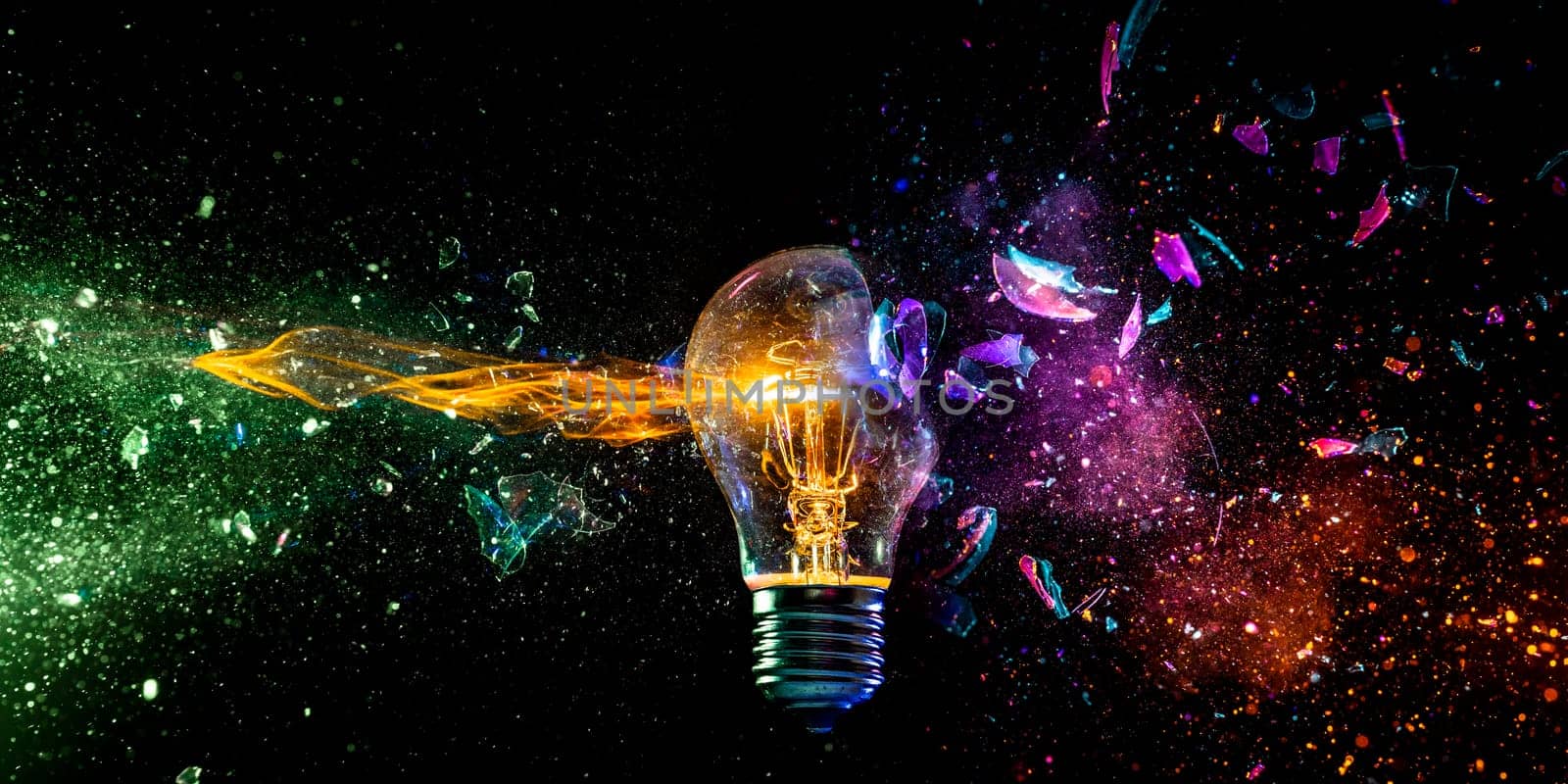 Creative  light bulb shattering colorful sparks adark backdrop