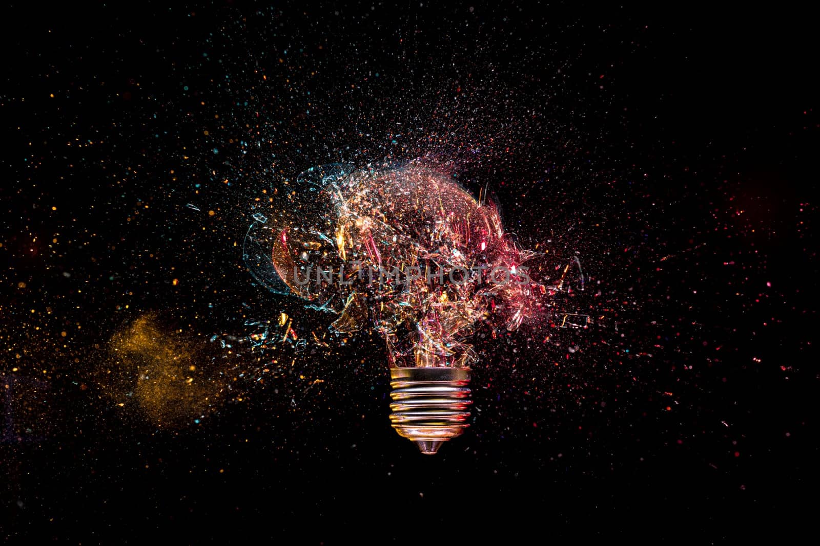 High-speed photo explosion  light bulb  dark background