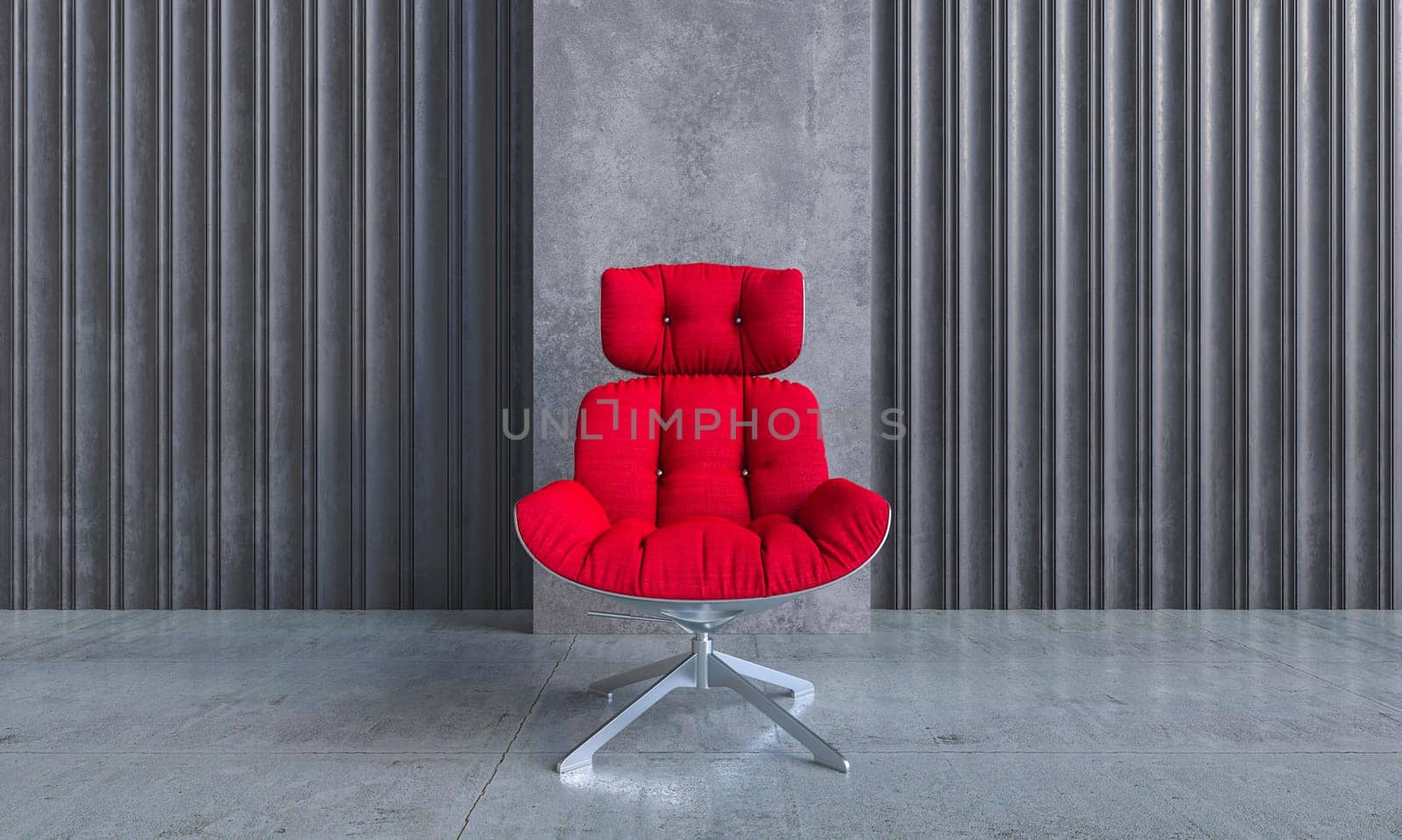 Contemporary vibrant red chair  minimalist industrial setting concrete  metal textures