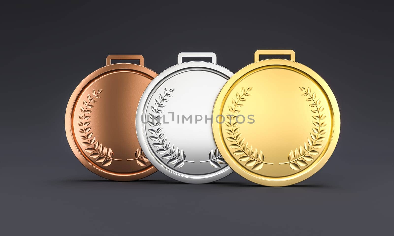 gold, silver, and bronze medals with laurel wreath design,  award competition