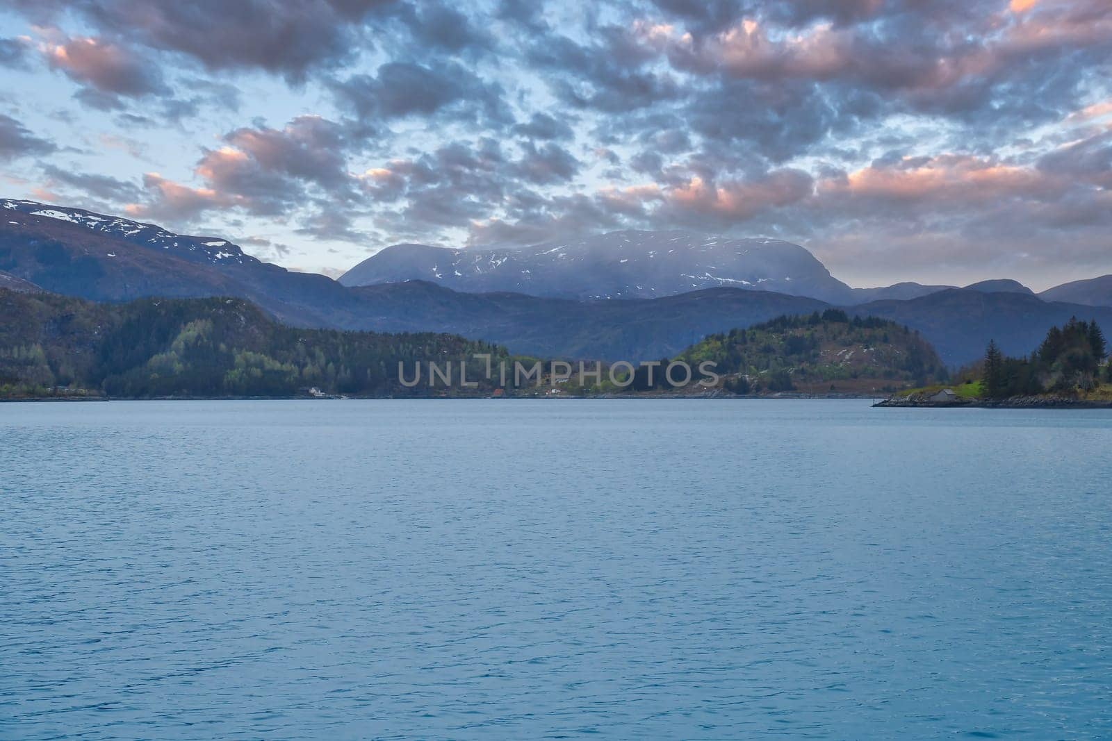 Norwegian fjord landscape. View of fjord with mountains. Scandinavian nature from the north