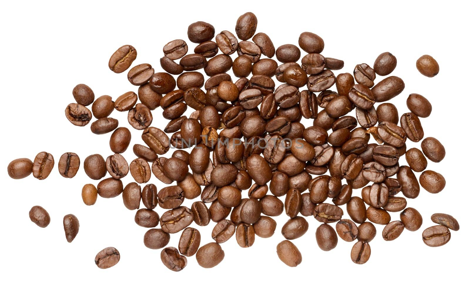 Roasted coffee beans scattered on isolated background, top view