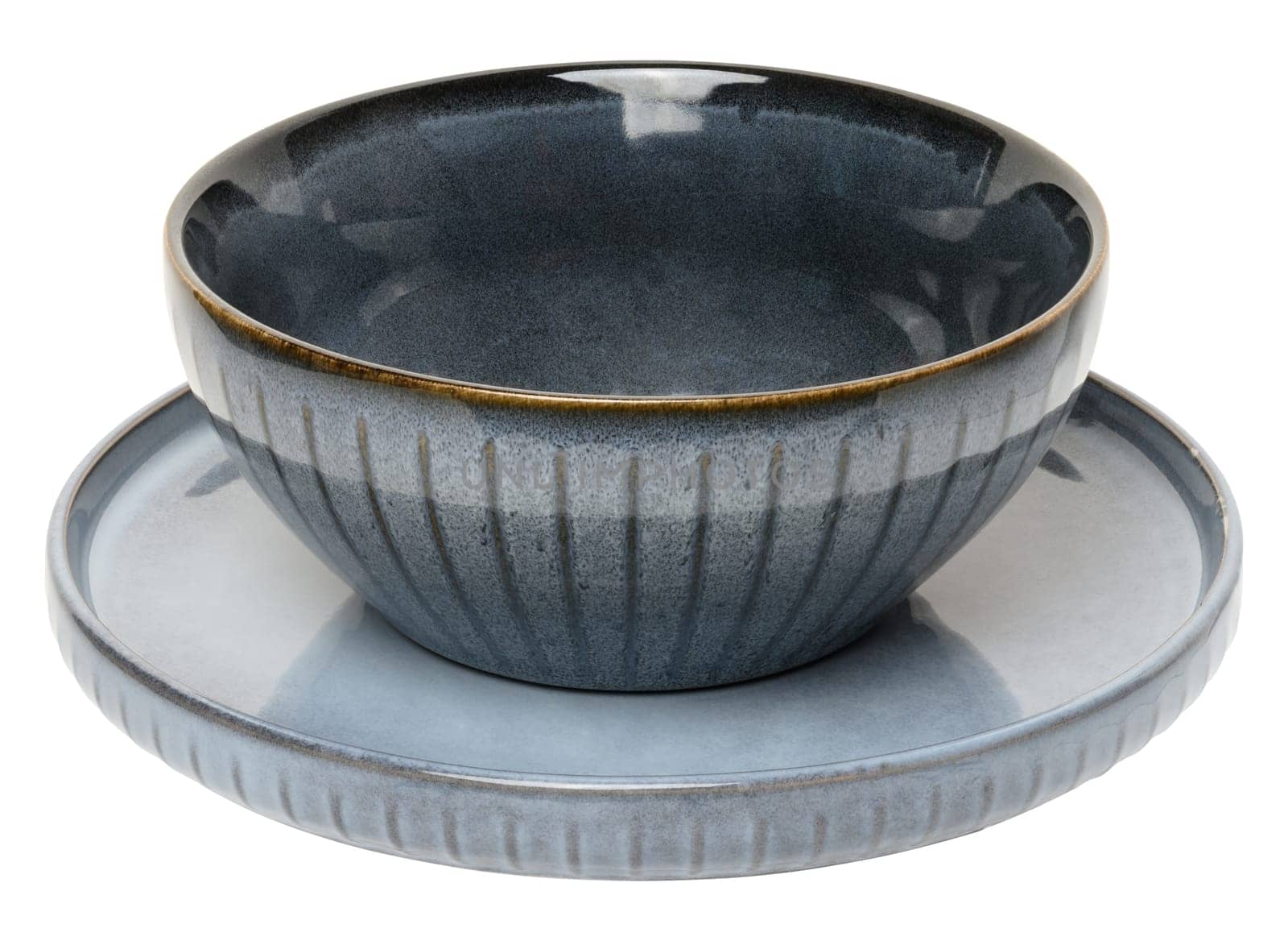Two blue ceramic empty plates on an isolated background. Soup and salad bowl