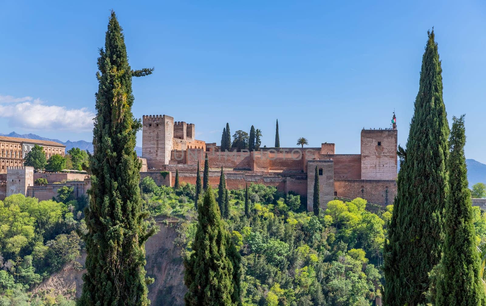 Alhambra palace with the Sierra Nevada in the background, Granada, Andalusia, Spain