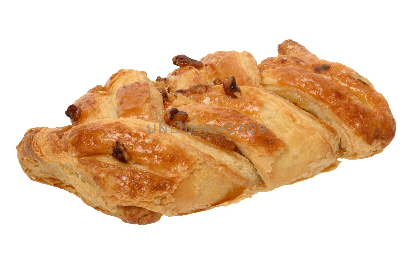 Rectangular pastry made from puff pastry with maple syrup and pecan nuts on a white background, close up