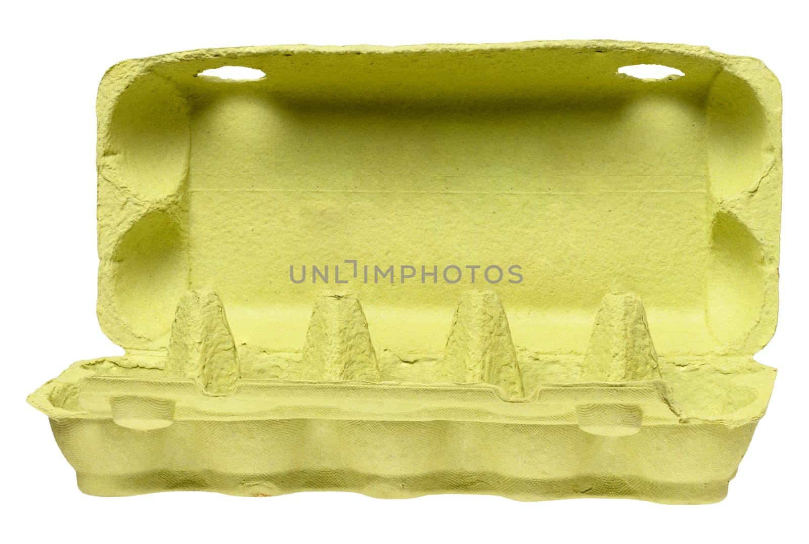Green recycled open egg carton box on isolated background, storage