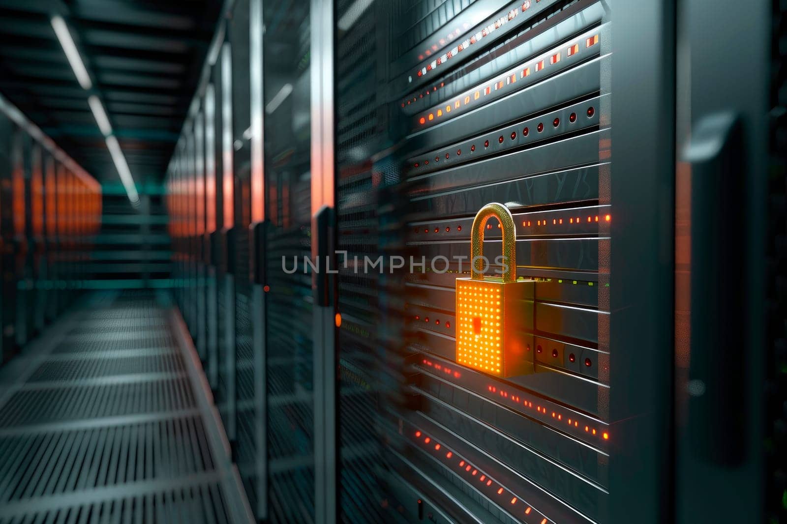 Server racks with padlock overlay, indicating server security. AI generated