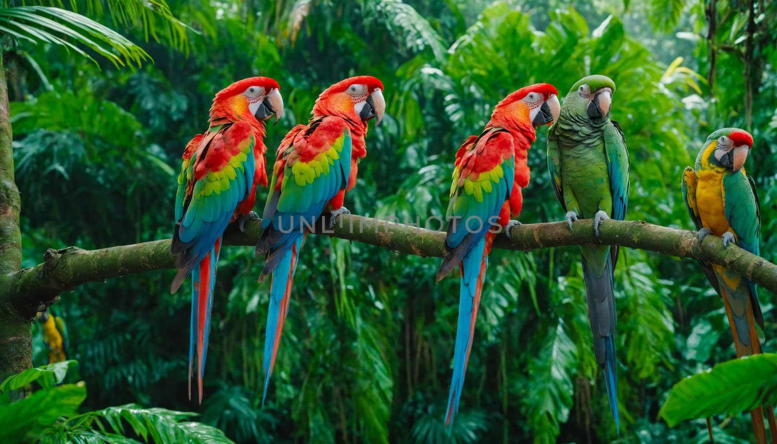 A vibrant group of colorful parrots perched on a branch in a lush tropical forest. The scene captures the beauty of exotic birds in their natural jungle habitat.