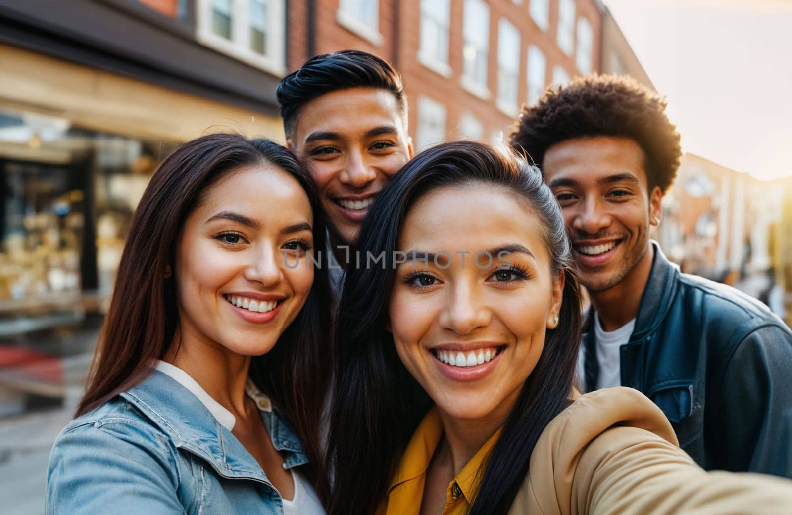 A diverse group of friends taking a cheerful selfie outdoors in an urban setting. The group consists of young adults smiling and enjoying their time together.