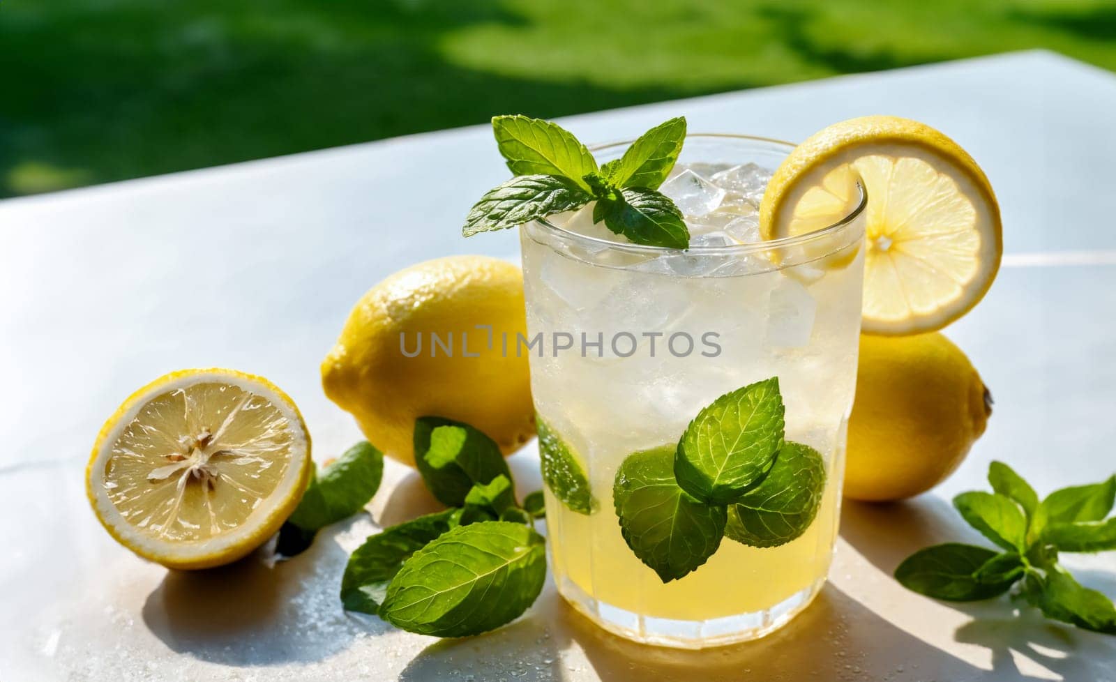 A refreshing glass of lemonade with mint leaves and ice, surrounded by fresh lemons, on a sunny outdoor table. Perfect for a hot summer day.