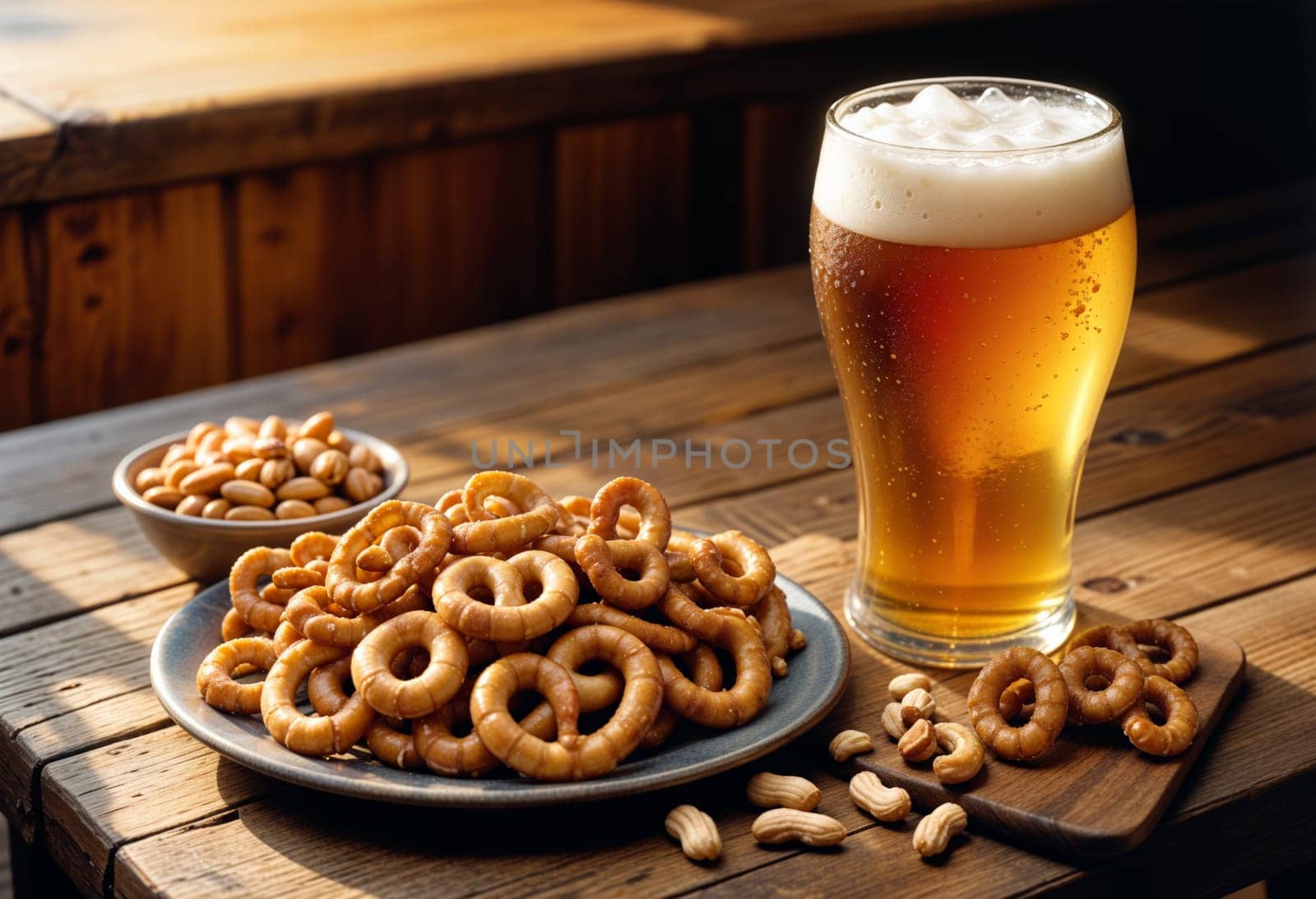 AI generated of a glass of beer and pretzels on a table