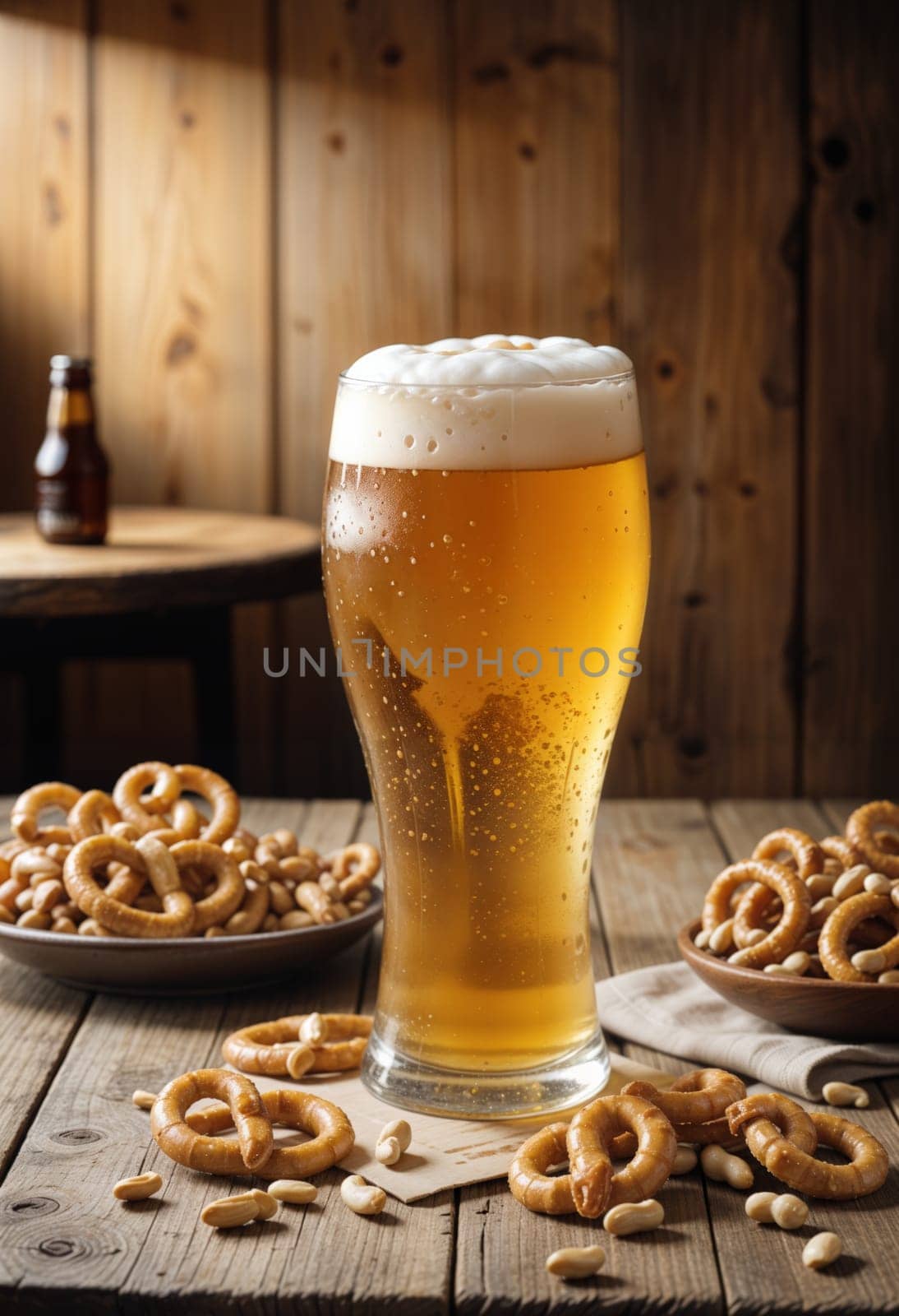 AI generated of a glass of beer and pretzels on a wooden table