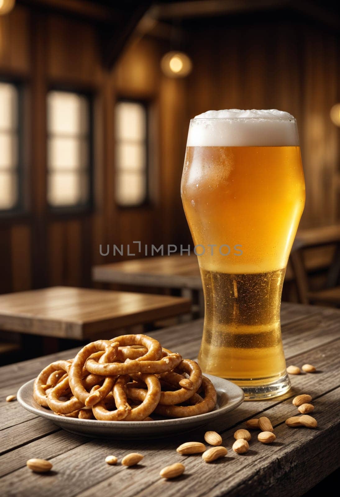 AI generated of a glass of beer and a plate of pretzels on a table