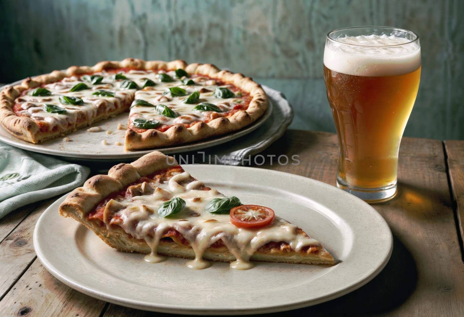 AI generated of a plate of pizza with a glass of beer next to it