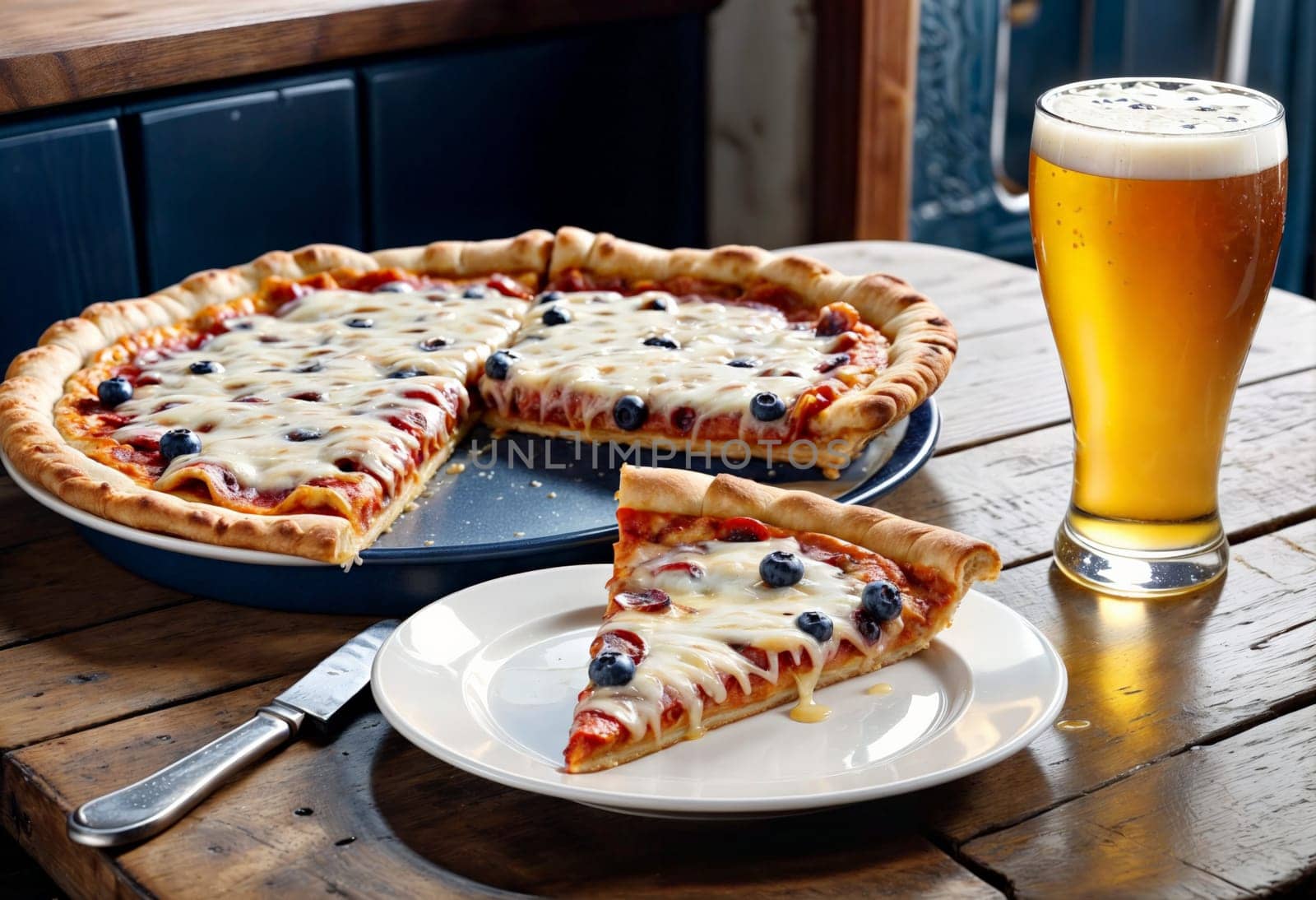 AI generated of a glass of beer next to a pizza with a slice of pizza on the plate