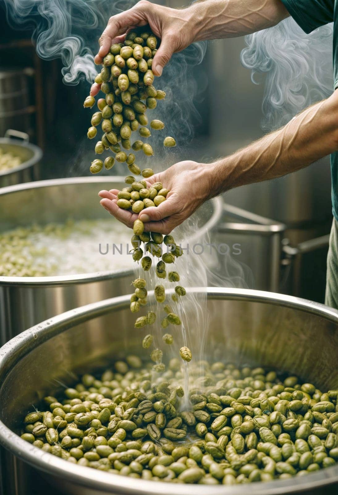 AI generated of a person is pouring green beans into a large pot