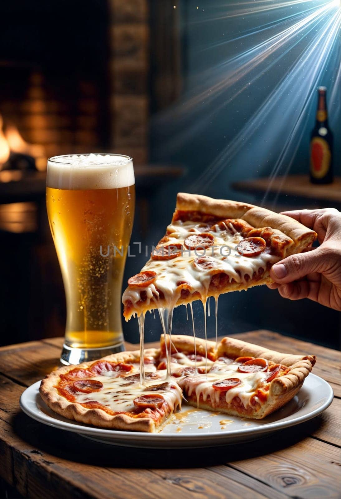 AI generated of a person is holding a slice of pizza with a glass of beer on the wooden table